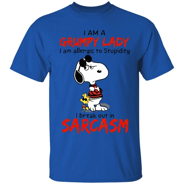 snoopy i am a grumpy lady i am allergic to stupidity i break out in sarcasm shirt royalblue