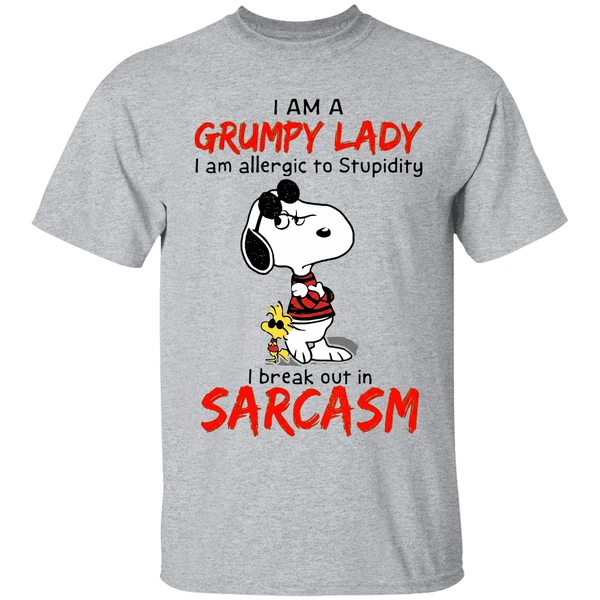 snoopy i am a grumpy lady i am allergic to stupidity i break out in sarcasm shirt sportgrey