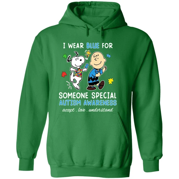 Snoopy Woodstock And Charlie Brown I Wear Blue For Someone Special Autism Hoodie - Image 2