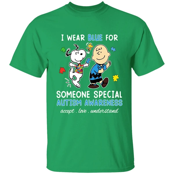 Snoopy Woodstock And Charlie Brown I Wear Blue For Someone Special Autism Shirt - Image 2