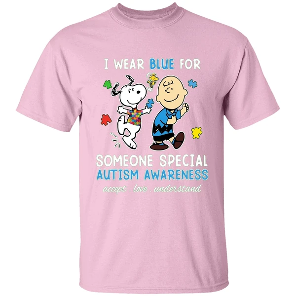 snoopy woodstock and charlie brown i wear blue for someone special autism shirt lightpink