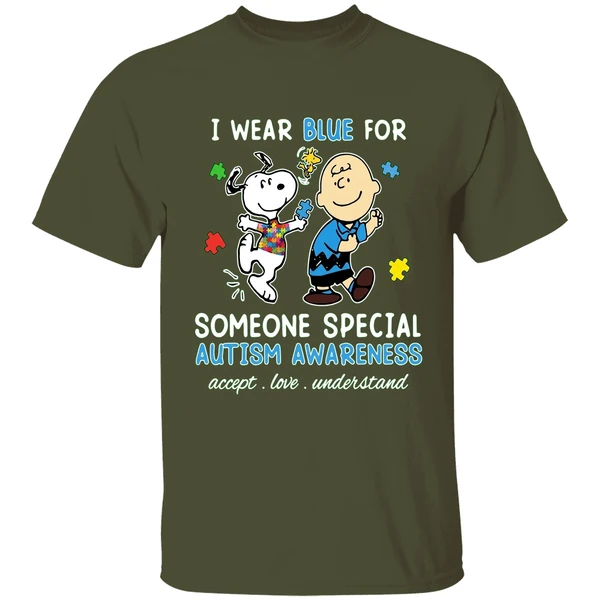 Snoopy Woodstock And Charlie Brown I Wear Blue For Someone Special Autism Shirt - Image 4