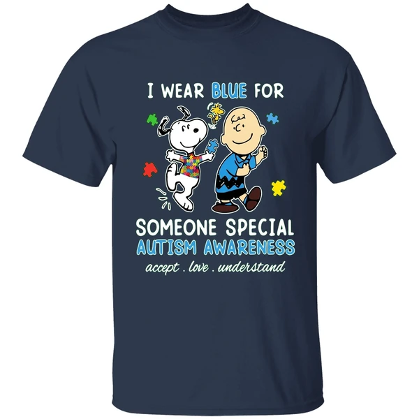 Snoopy Woodstock And Charlie Brown I Wear Blue For Someone Special Autism Shirt - Image 5