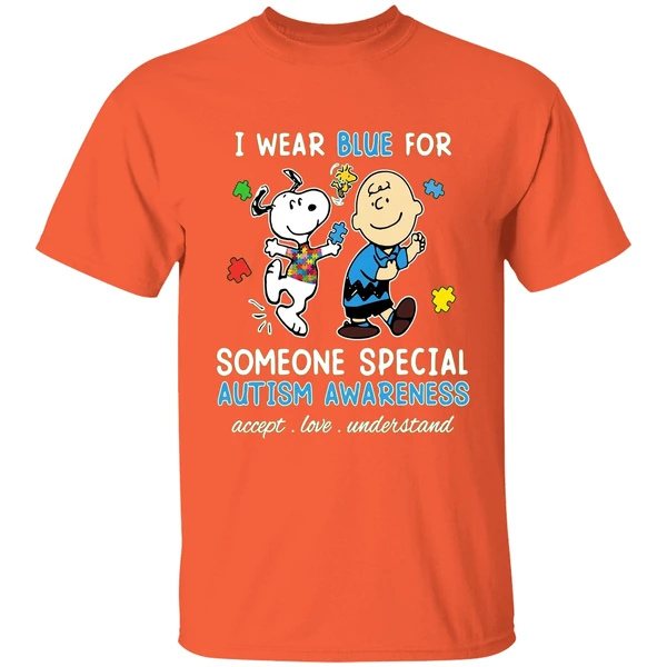 snoopy woodstock and charlie brown i wear blue for someone special autism shirt orange