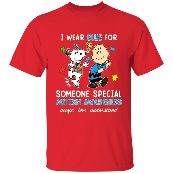 Snoopy Woodstock And Charlie Brown I Wear Blue For Someone Special Autism Shirt - Image 7
