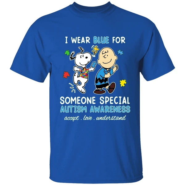 Snoopy Woodstock And Charlie Brown I Wear Blue For Someone Special Autism Shirt - Image 8