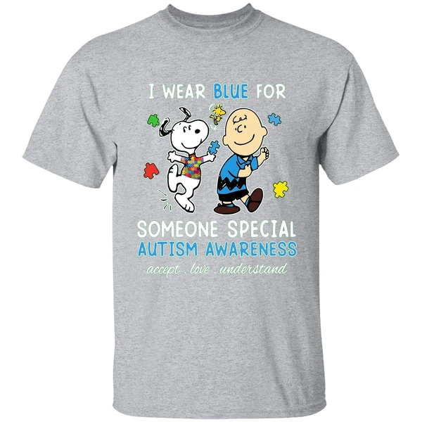 Snoopy Woodstock And Charlie Brown I Wear Blue For Someone Special Autism Shirt - Image 9