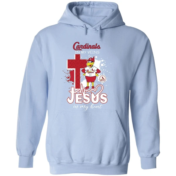 St Louis Cardinals Mascot In My Veins Jesus In My Heart Hoodie - Image 4