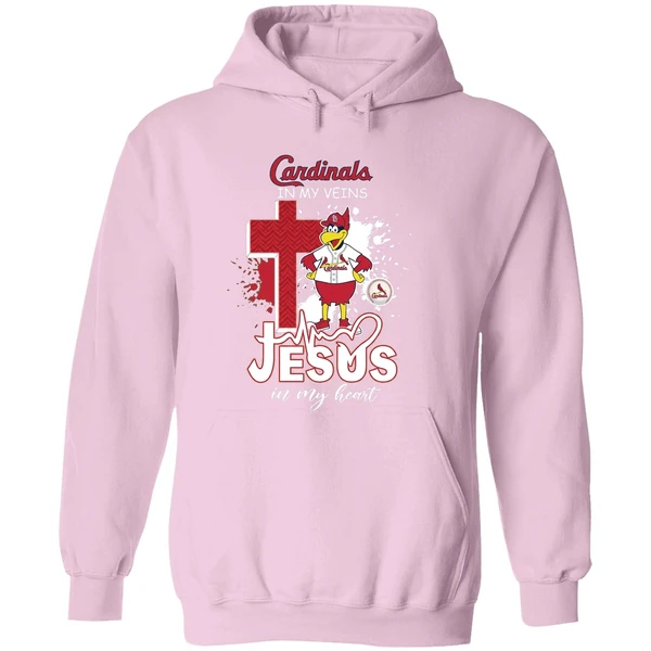 St Louis Cardinals Mascot In My Veins Jesus In My Heart Hoodie - Image 5