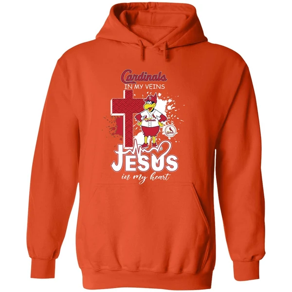 St Louis Cardinals Mascot In My Veins Jesus In My Heart Hoodie - Image 6