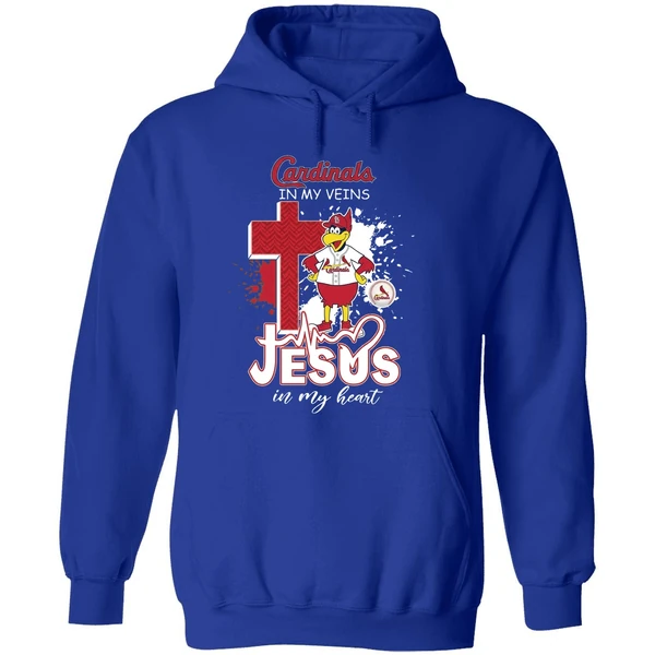 St Louis Cardinals Mascot In My Veins Jesus In My Heart Hoodie - Image 7