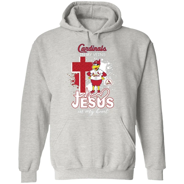 St Louis Cardinals Mascot In My Veins Jesus In My Heart Hoodie - Image 9