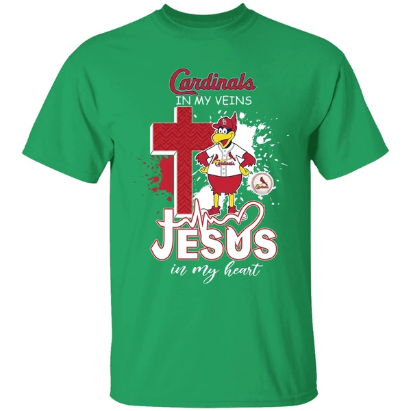 St Louis Cardinals Mascot In My Veins Jesus In My Heart Shirt - Image 2