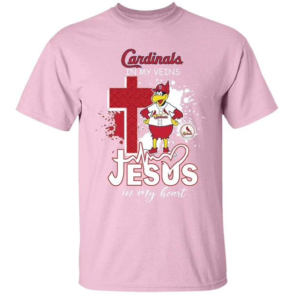 St Louis Cardinals Mascot In My Veins Jesus In My Heart Shirt - Image 3