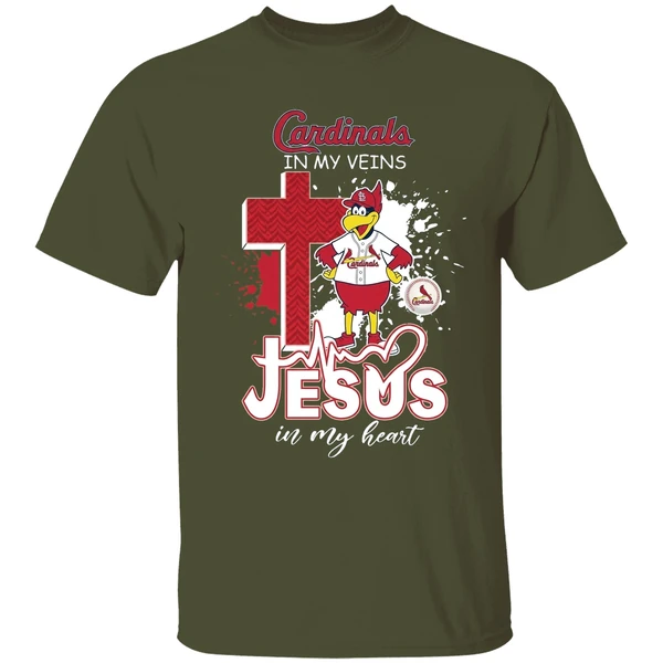 st louis cardinals mascot in my veins jesus in my heart shirt militarygreen