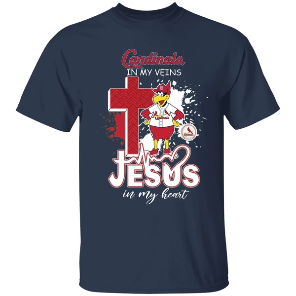 st louis cardinals mascot in my veins jesus in my heart shirt navy