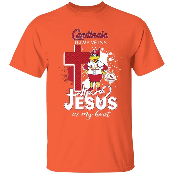 St Louis Cardinals Mascot In My Veins Jesus In My Heart Shirt - Image 6