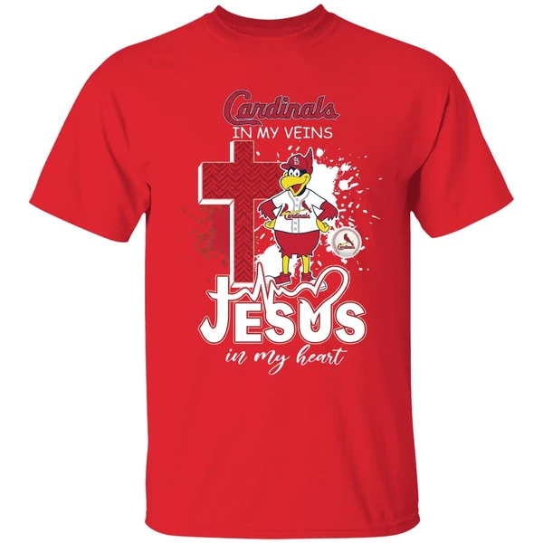 St Louis Cardinals Mascot In My Veins Jesus In My Heart Shirt - Image 7