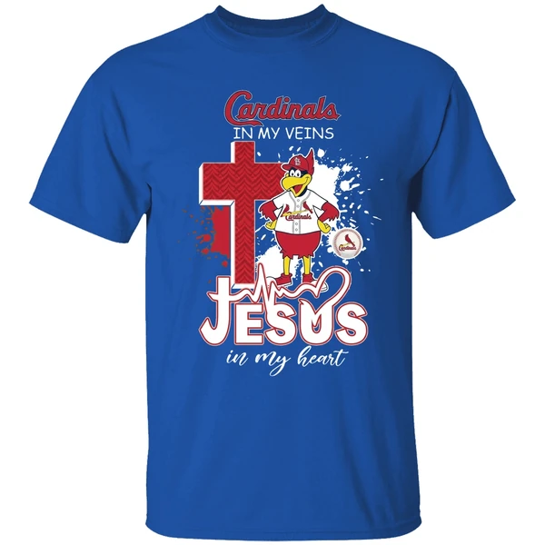 St Louis Cardinals Mascot In My Veins Jesus In My Heart Shirt - Image 8