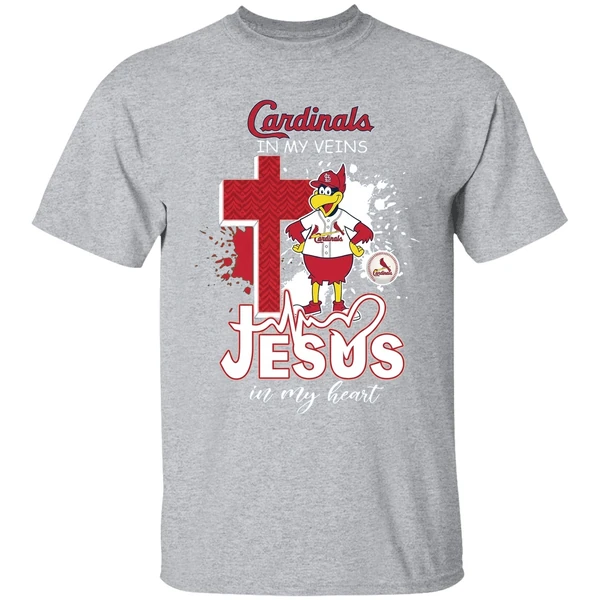 St Louis Cardinals Mascot In My Veins Jesus In My Heart Shirt - Image 9