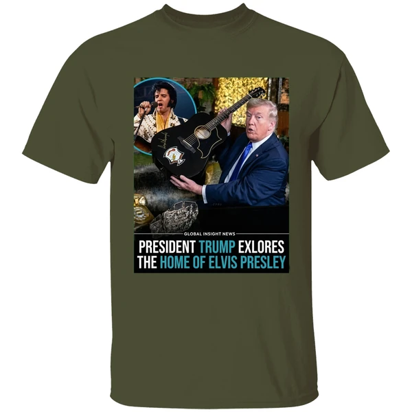 trump president trump explores the home of elvis presley graphic shirt militarygreen