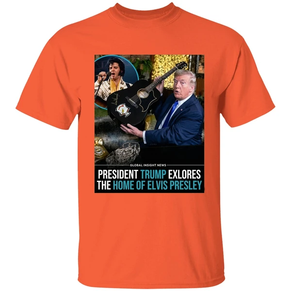 trump president trump explores the home of elvis presley graphic shirt orange