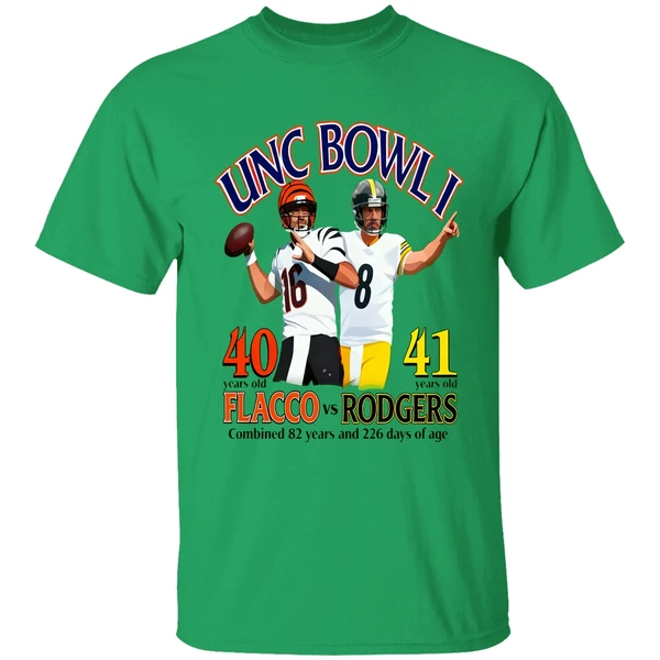 Unc Bowl I 40 Years Old Flacco Vs 41 Years Rodgers Combined 82 Years 226 Days Age Shirt - Image 8