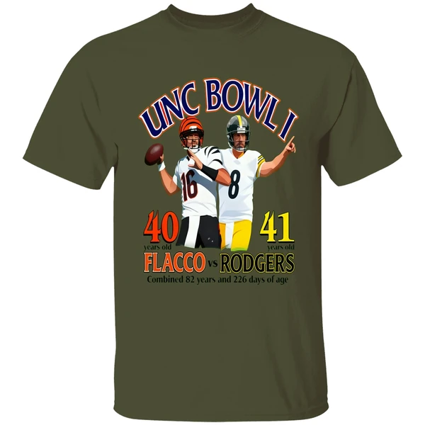 Unc Bowl I 40 Years Old Flacco Vs 41 Years Rodgers Combined 82 Years 226 Days Age Shirt - Image 3