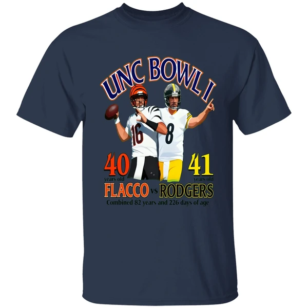 Unc Bowl I 40 Years Old Flacco Vs 41 Years Rodgers Combined 82 Years 226 Days Age Shirt - Image 4