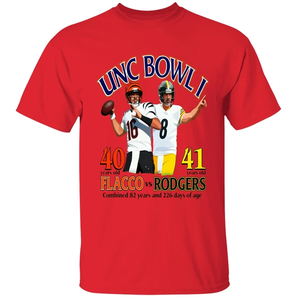 Unc Bowl I 40 Years Old Flacco Vs 41 Years Rodgers Combined 82 Years 226 Days Age Shirt - Image 6