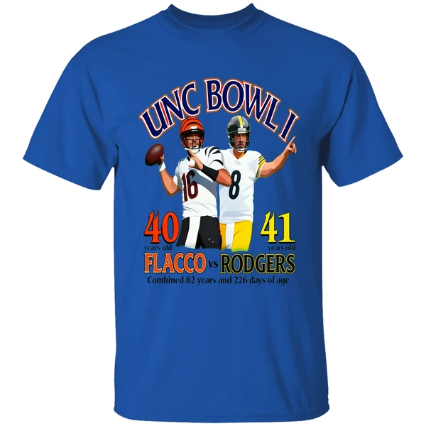 Unc Bowl I 40 Years Old Flacco Vs 41 Years Rodgers Combined 82 Years 226 Days Age Shirt - Image 7