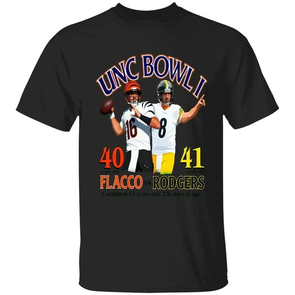 Unc Bowl I 40 Years Old Flacco Vs 41 Years Rodgers Combined 82 Years 226 Days Age Shirt - Image 9