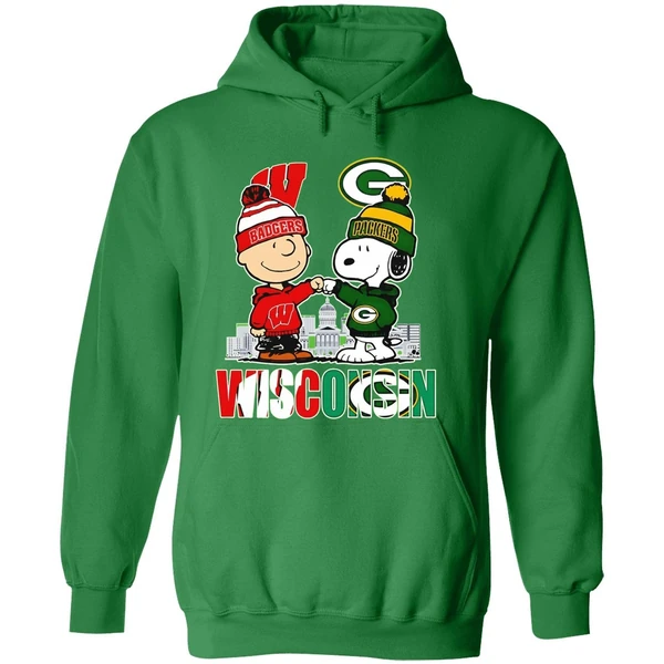 Wisconsin City Skyline Charlie Brown Wisconsin Badgers And Snoopy Green Bay Packers Hoodie - Image 2
