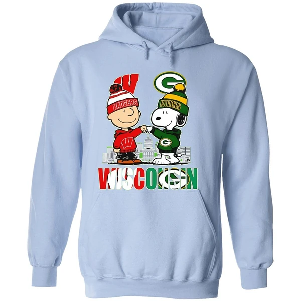 Wisconsin City Skyline Charlie Brown Wisconsin Badgers And Snoopy Green Bay Packers Hoodie - Image 4