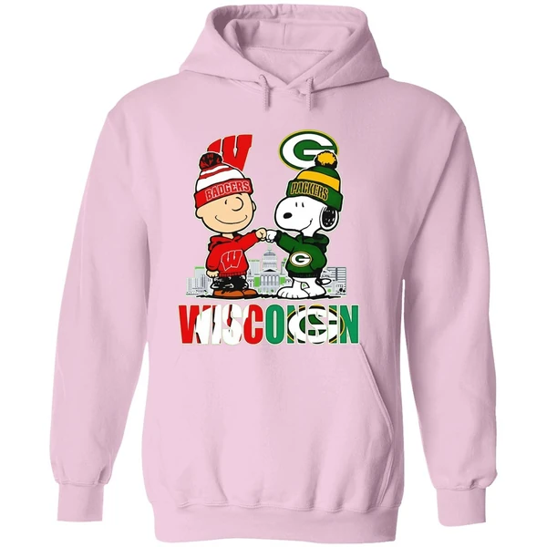 Wisconsin City Skyline Charlie Brown Wisconsin Badgers And Snoopy Green Bay Packers Hoodie - Image 5