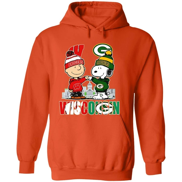 Wisconsin City Skyline Charlie Brown Wisconsin Badgers And Snoopy Green Bay Packers Hoodie - Image 6