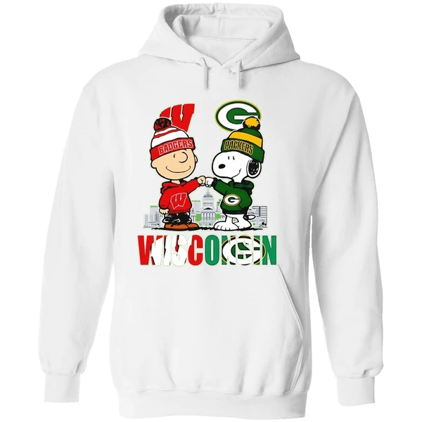 Wisconsin City Skyline Charlie Brown Wisconsin Badgers And Snoopy Green Bay Packers Hoodie - Image 8