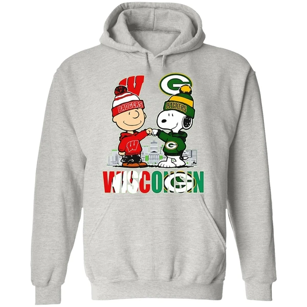 Wisconsin City Skyline Charlie Brown Wisconsin Badgers And Snoopy Green Bay Packers Hoodie - Image 9