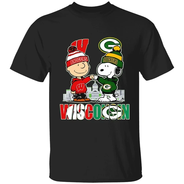 Wisconsin City Skyline Charlie Brown Wisconsin Badgers And Snoopy Green Bay Packers Shirt