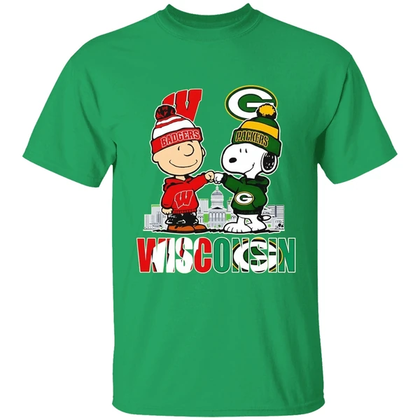 Wisconsin City Skyline Charlie Brown Wisconsin Badgers And Snoopy Green Bay Packers Shirt - Image 2