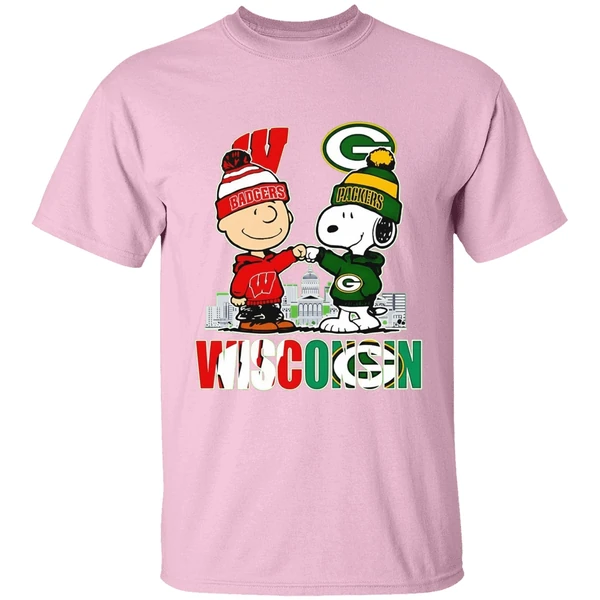 Wisconsin City Skyline Charlie Brown Wisconsin Badgers And Snoopy Green Bay Packers Shirt - Image 3
