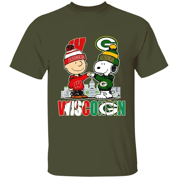 wisconsin-city-skyline-charlie-brown-wisconsin-badgers-and-snoopy-green-bay-packers-shirt-militarygreen