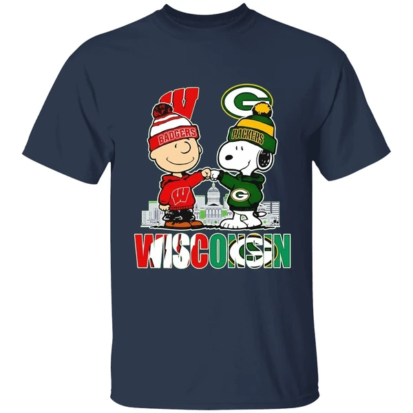Wisconsin City Skyline Charlie Brown Wisconsin Badgers And Snoopy Green Bay Packers Shirt - Image 5