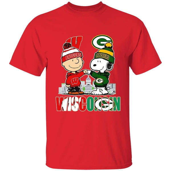 Wisconsin City Skyline Charlie Brown Wisconsin Badgers And Snoopy Green Bay Packers Shirt - Image 7