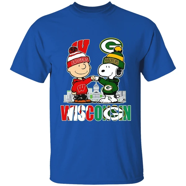 Wisconsin City Skyline Charlie Brown Wisconsin Badgers And Snoopy Green Bay Packers Shirt - Image 8