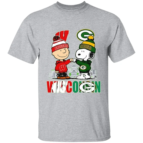 Wisconsin City Skyline Charlie Brown Wisconsin Badgers And Snoopy Green Bay Packers Shirt - Image 9