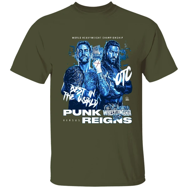 wrestlemania 42 cm punk vs roman reigns matchup shirt militarygreen