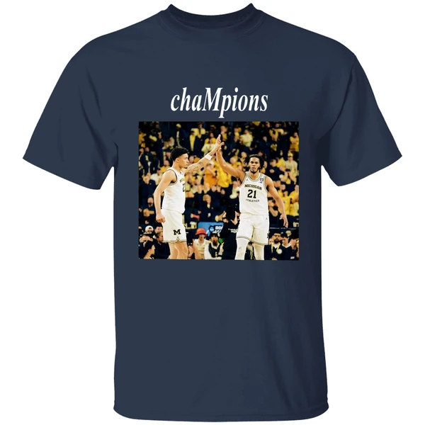 yaxel lendeborg and morez johnson jr high five michigan wolverines 2026 champions shirt navy