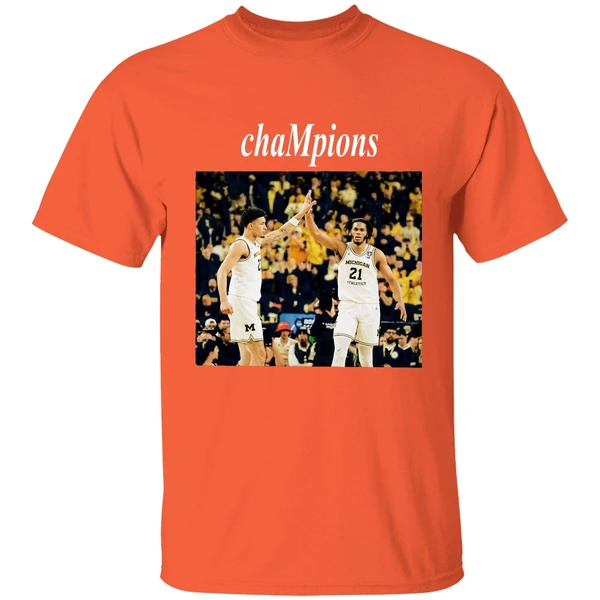 yaxel lendeborg and morez johnson jr high five michigan wolverines 2026 champions shirt orange